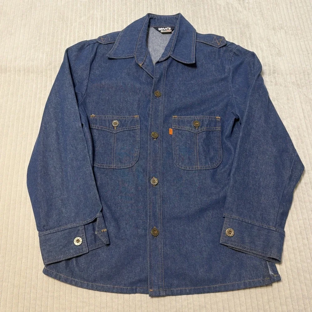 VINTAGE 70s Levis Shirt Jacket Mens Med Blue Denim Orange Tab Workwear Shacket